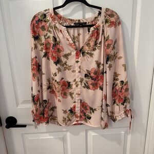 Zac‎ & Rachel Pink Floral Sheer Blouse V-Neck Balloon Sleeves Sz  M Boho Cottage